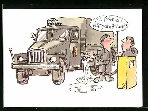 Künstler-AK Soldaten der NVA an Tankstelle