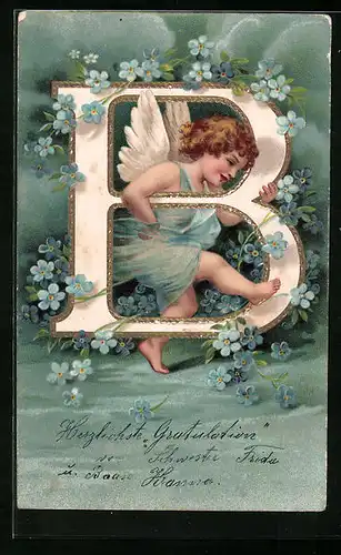 AK Engel mit Buchstabe B und Vergissmeinnicht