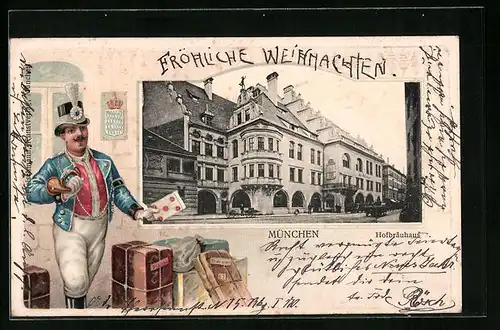 Passepartout-Lithographie Münchner Hofbräuhaus von aussen, Briefträger mit Paketen