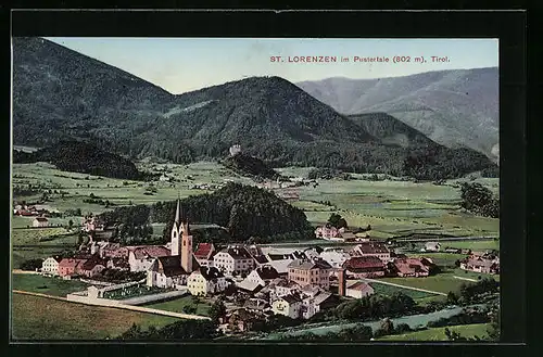 AK St. Lorenzen /Pustertale, Panorama mit Kirche