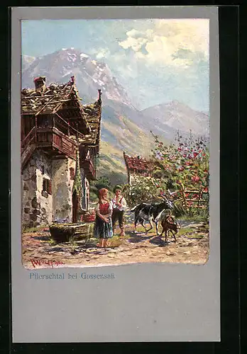 Künstler-AK Gossensass, Pflerschtal - Gehöft mit Kindern und Ziegen