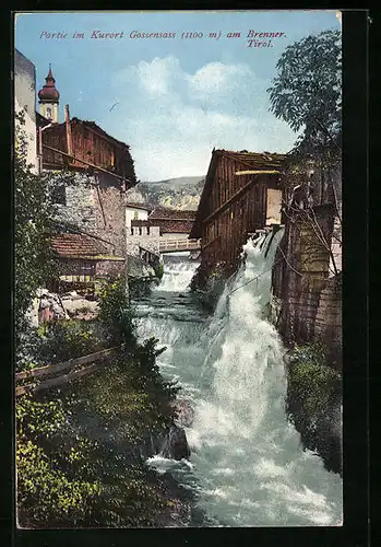 AK Gossensass, Ortspartie mit Wehr