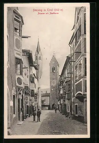 AK Sterzing, Strasse mit Stadtturm