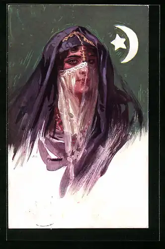 Künstler-AK Portrait einer jungen Frau mit Gesichtsschleier