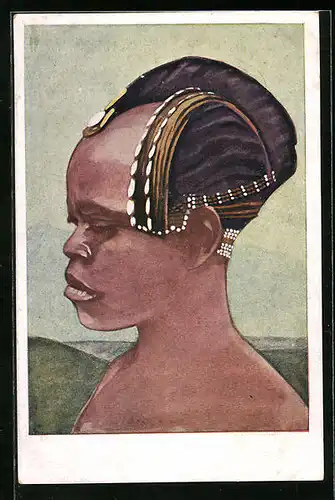 Künstler-AK Afrikanerin mit auffälliger Haartracht