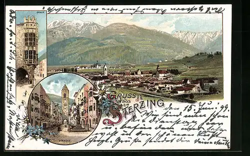 Lithographie Sterzing, Strasse, Erker, Panoramablick auf Ort und Gebirge