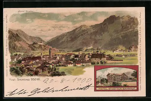 Lithographie Sterzing, Hotel Stoetter am Bahnhof, Panorama