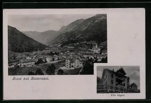 AK Gossensass, Hotel Villa Aigner, Ortsansicht mit Talblick