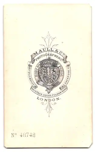 Fotografie Maull & Co, London, 62. Cheapside, Dame mit Korkenzieherlocken im bestickten Biedermeierkleid