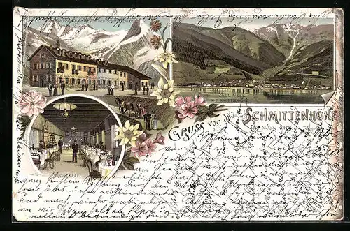 Lithographie Zell am See, Hotel auf der Schmittenhöhe, Ortsansicht