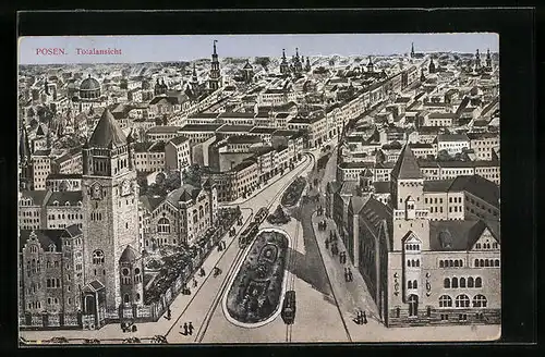 Künstler-AK Posen, Totalansicht aus der Vogelschau