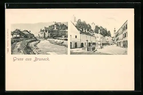 AK Bruneck, Strassenpartie am Marktplatz mit Brunnen