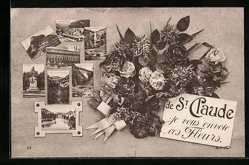 AK St. Claude, Blumengruss mit Denkmal, Wasserpartie, Brücke
