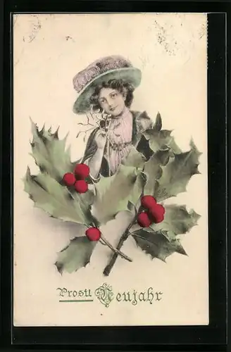 AK Dame mit Mistelzweig zum Neujahr