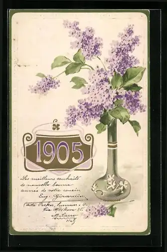 Präge-AK Jahreszahl 1905 mit Flieder in Vase