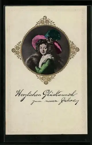 AK Neujahrsgruss mit gerahmten Portraits eines Fräuleins