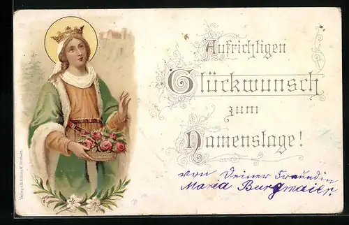 AK Heilige mit Krone und Rosen zum Namenstag