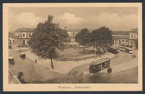 AK Rotterdam, Stationsplein, Bahnhof und Strassenbahnen