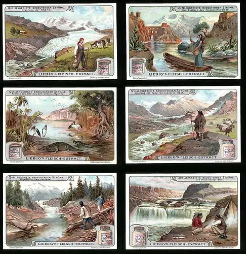 6 Sammelbilder Liebig, Serie Nr. 945: Quellengebiete bedeutender Ströme, Mississippi, Nil, Amazonas, Rhone