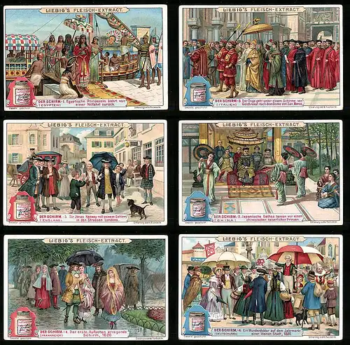 6 Sammelbilder Liebig, Serie Nr. 902: Der Schirm, Ägypten, Geisha, Wunderdoktor