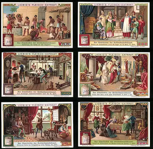 6 Sammelbilder Liebig, Serie Nr. 1097: Zur Geschichte der Goldschmiedekunst, Cellini, Ägypten, Nürnberg