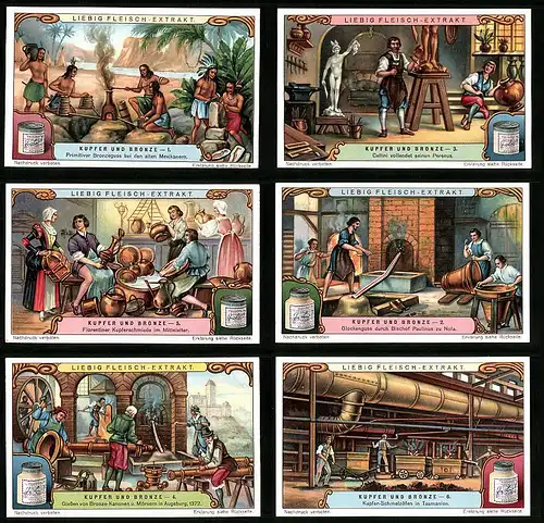 6 Sammelbilder Liebig, Serie Nr. 1209: Kupfer und Bronze, Schmelzofen, Augsburg, Mittelalter