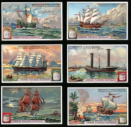 6 Sammelbilder Liebig, Serie Nr. 1202: Segelschiffe im Wandel der Zeiten, Columbus, Potosi, Koggen