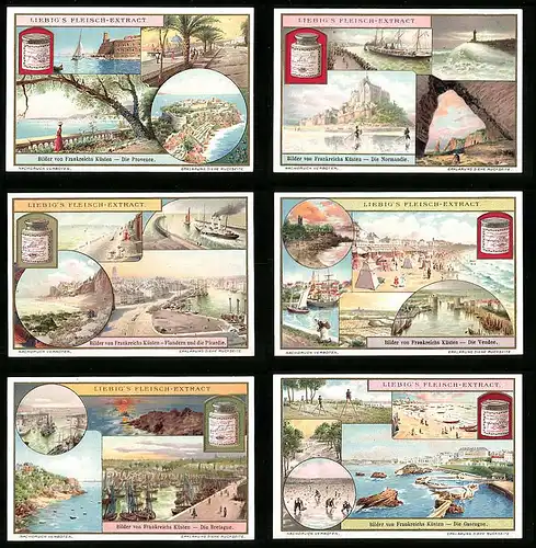 6 Sammelbilder Liebig, Serie Nr. 953: Bilder von Frankreichs Küsten, Bretagne, Flandern, Normandie