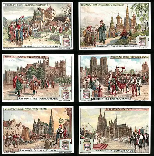 6 Sammelbilder Liebig, Serie Nr. 1011: Berühmte alte Kirchen, Westminster-Abbey, Trondhjem, Paris