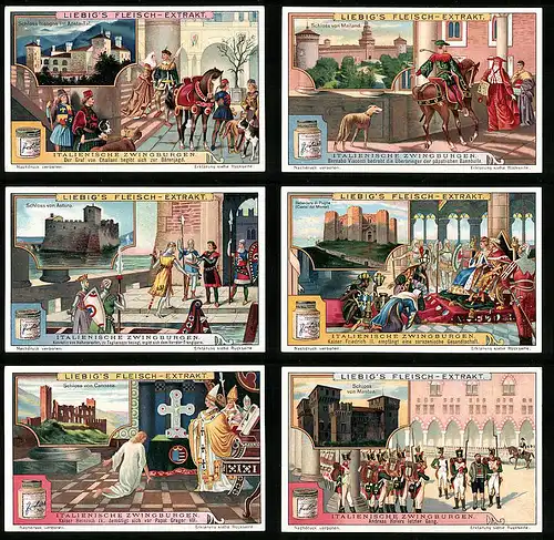6 Sammelbilder Liebig, Serie Nr. 1069: Italienische Zwingburgen, Andreas Hofer, Astura, Canossa