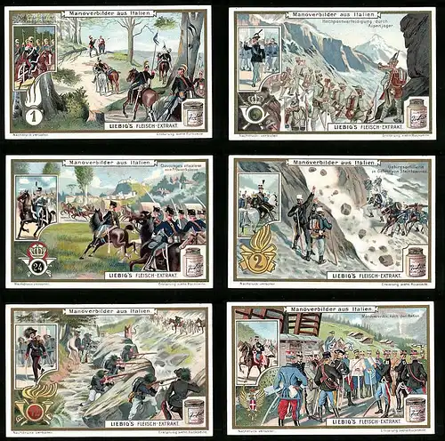 6 Sammelbilder Liebig, Serie Nr. 1045: Manöverbilder aus Italien, Bersaglieri, Nizza-Dragoner, Alpenjäger