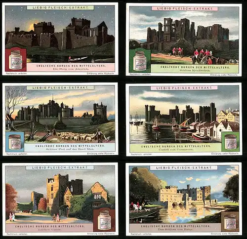 6 Sammelbilder Liebig, Serie Nr. 1190: Englische Burgen des Mittelalters, Raby, Alnwick, Kenilworth