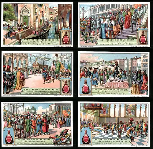6 Sammelbilder Liebig, Serie Nr. 1254: Aus Venedigs Vergangenheit, Rialto, Lepanto, Kanal