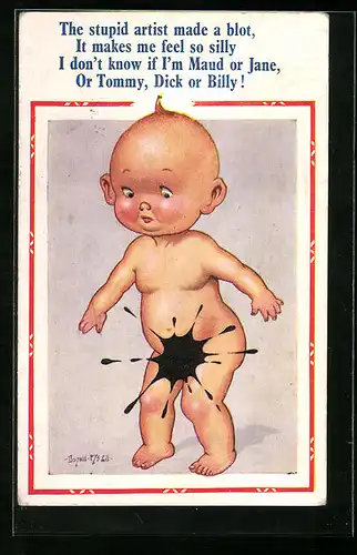 Künstler-AK Donald McGill: Säugling mit Tintenfleck im Intimbereich