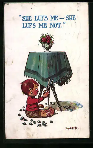 Künstler-AK Donald McGill: Kind zerstört Tischdecke