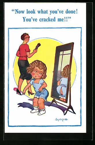 Künstler-AK Donald McGill: Kind ist traurig über Riss in der Hose