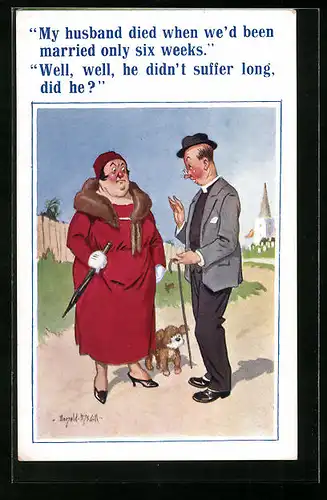 Künstler-AK Donald McGill: Dame trauert um ihren verstorbenen Gatten, Mann macht sich lustig