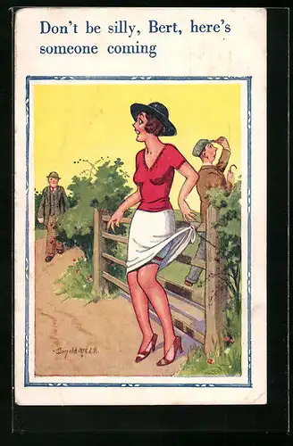 Künstler-AK Donald McGill: Dame ist mit ihrem Kleid stecken geblieben