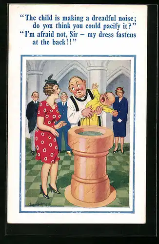 Künstler-AK Donald McGill: Schreiendes Baby bei Taufe