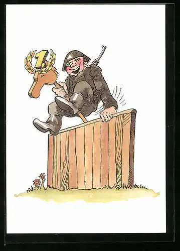 AK Soldat der NVA überwindet mit Steckenpferd ein Hindernis