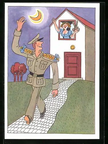 AK Soldat der NVA winkt Frau am Fenster bei Mondschein