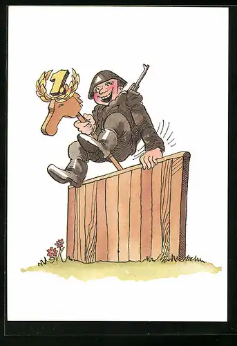 AK Soldat der NVA überwindet mit Steckenpferd ein Hindernis
