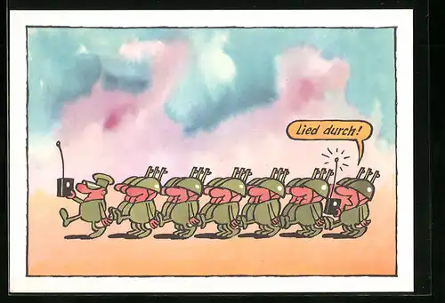 AK Soldaten der NVA in Uniform mit einem Radio