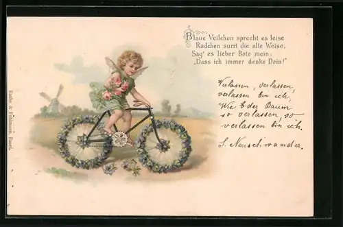 Künstler-AK Engel fährt blumenumkränztes Fahrrad - Liebesgruss