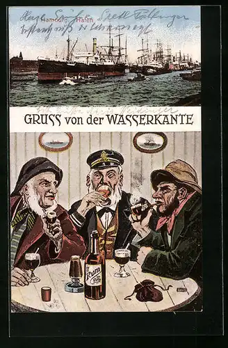Künstler-AK Hamburg, Hafen und drei Seeleute beim Rumgenuss