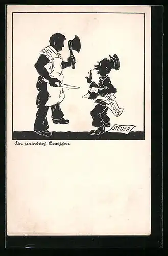 Künstler-AK Ein schlechtes Gewissen, Metzger bedroht einen Steuereintreiber