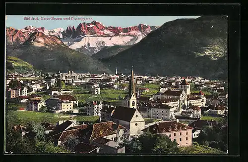 AK Gries-Bozen, Blick über die Stadt zum Rosengarten