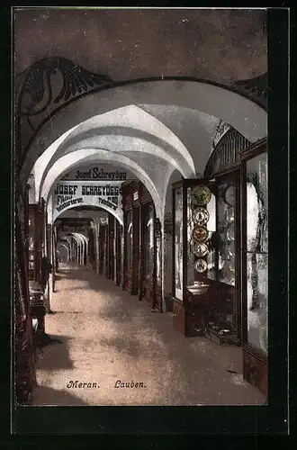 AK Meran, Lauben mit Geschäft von Josef Schreyögg
