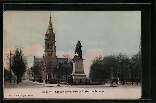 AK Neuilly, Eglise Saint-Pierre et Statue de Perronet