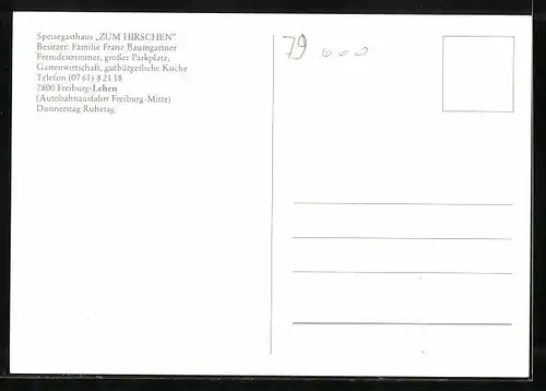 AK Freiburg-Lehen, Speisegasthaus Zum Hirschen - Aussen, Garten, Gastraum